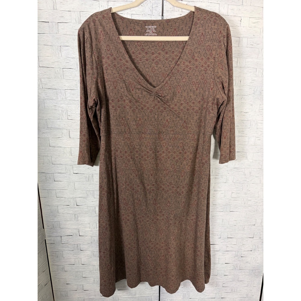 Toad&Co Womens Dress midi Brown Geometric Print  V-Neck Gorpcore outdoor